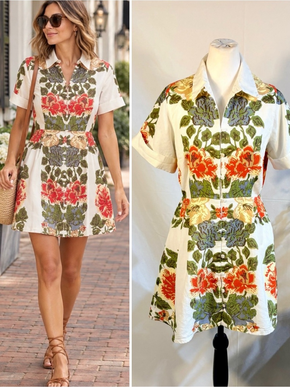 💥Cleobella Sadie Floral Cotton Linen Button Front Fit & Flare Mini Dress Sz S🧡